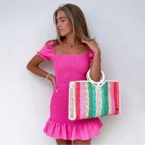 Zara Hot Pink Popcorn Stretch Puff Short Sleeves Ruffle Mini Dress NWT Medium